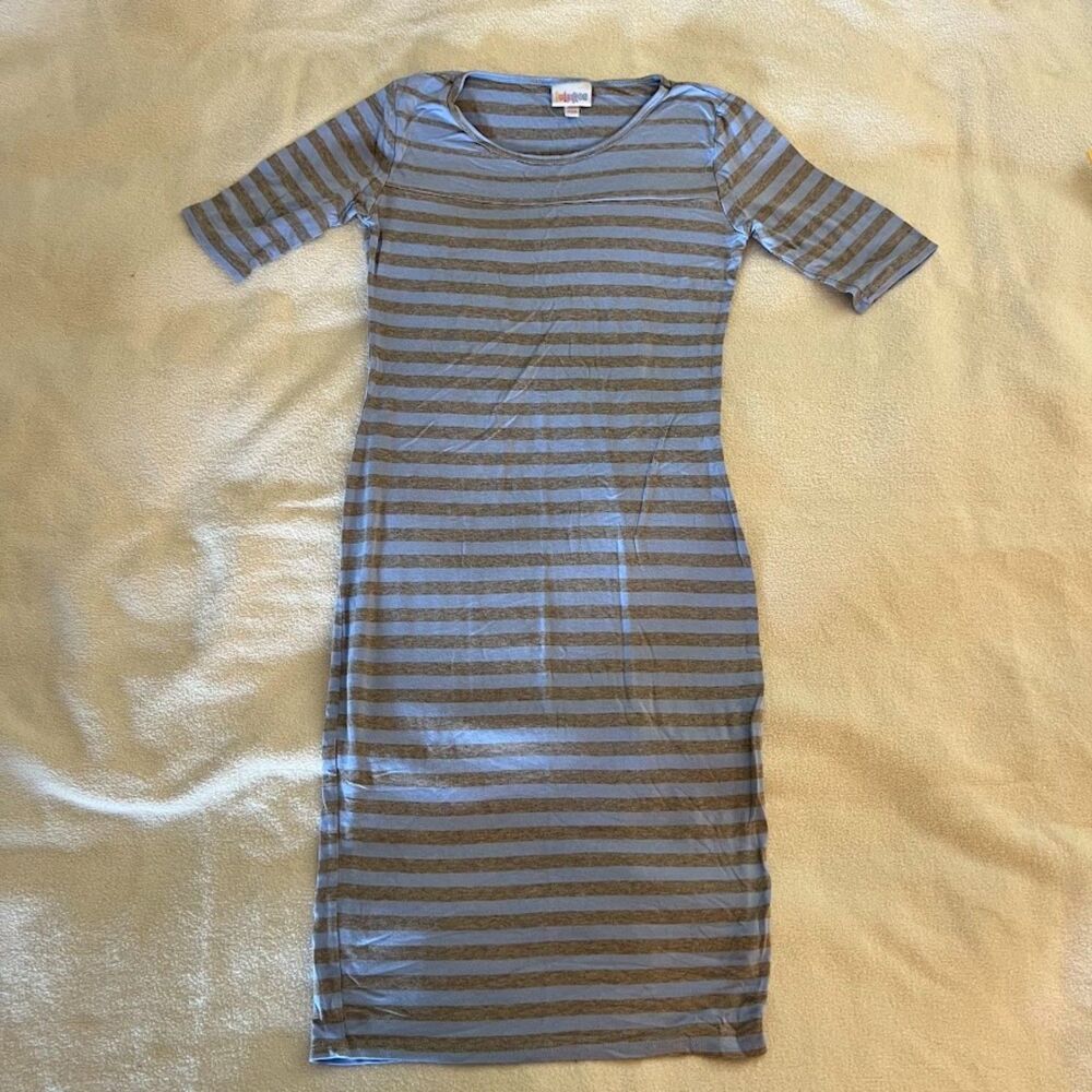 Lularoe Body-Con Shift Dress Blue Gray Stripes, size XXS